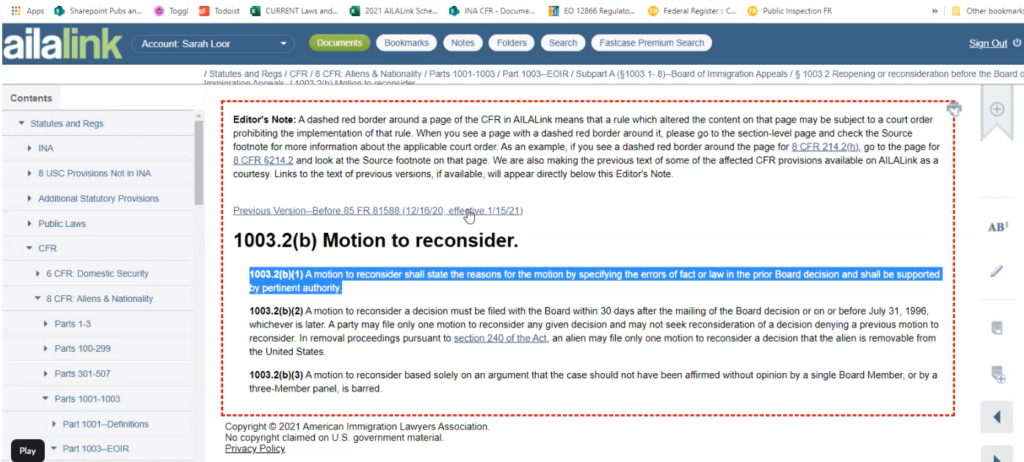 A screenshot of a CFR subsection in AILALink with a dashed red line around it, showing the link to the previous version of the subsection in the CFR