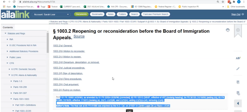 Screenshot of AILALink showing Editor's Note and Source Note at the bottom of a CFR section