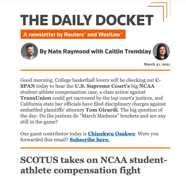 Screenshot from Westlaw's "The Daily Docket."