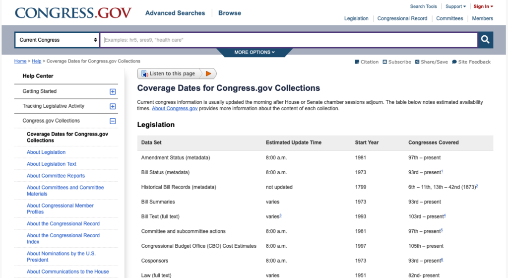 Screenshot of the Coverage Dates for Congress.gov Collections page