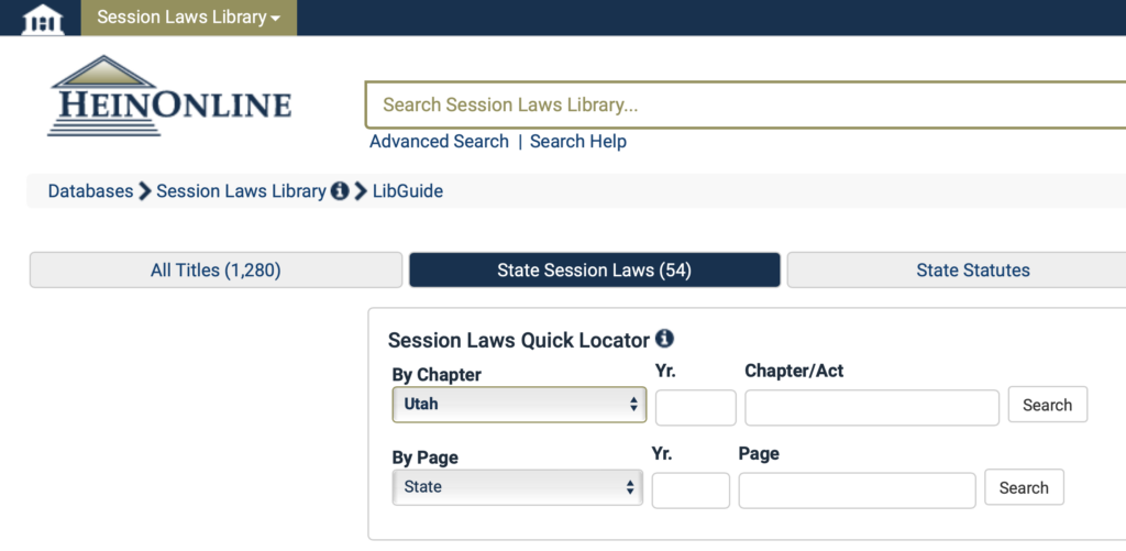 Screenshot of Session Laws Quick Locater in HeinOnline's State Session Laws Library